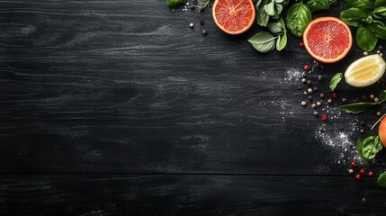 Dark Wood Background with Citrus Fruits Herbs Spices