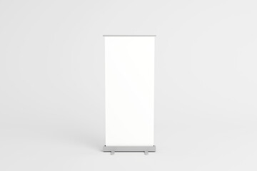 Minimalist retractable banner stand with blank white display.