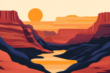 A beautiful landscape with a river and mountains in the background. The sun is setting in the distance, casting a warm glow over the scene. The colors of the sky and the landscape create a serene