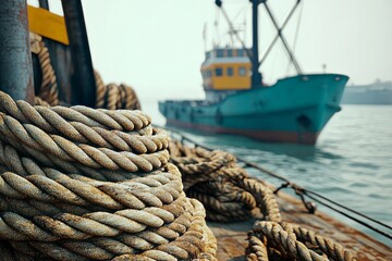 Fototapeta premium Fishing gear and ropes on a boat deck, essential tools for commercial fishing at sea.