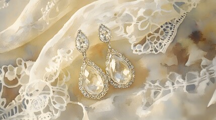 Watercolor Artistic using soft, brushy watercolor strokes, Single object picture - a pair of glittering earrings resting on a lace cloth, symbolizing elegance