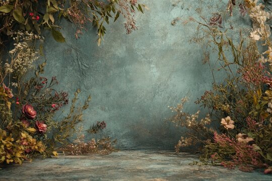 Floral backdrop with rustic blue background and dried flowers and greenery.