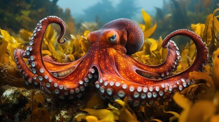Obraz premium A vibrant octopus among underwater kelp.