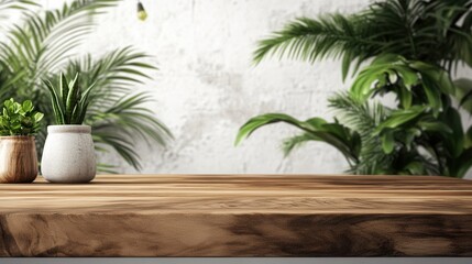 Fototapeta premium Wooden Tabletop Background Tropical Plants Home Decor Interior Design