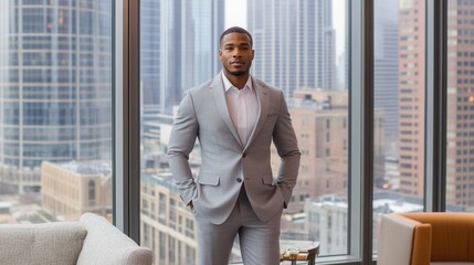 Fototapeta premium Confident Businessman in Gray Suit Cityscape View