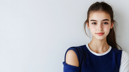 Fototapeta premium Young woman with friendly smile wearing blue shirt