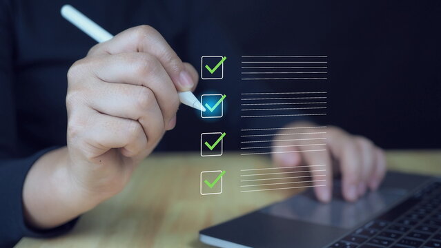 Quality control certificate concept. Businessman show high quality assurance award, warranty best customer service rank, ISO standard certificate, Market value