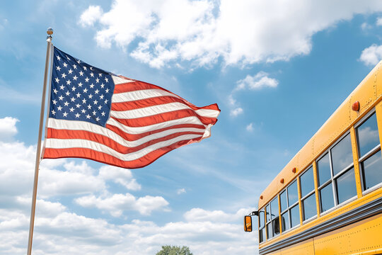 American flag waving next to yellow school bus under blue sky