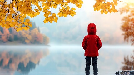 The person in the red jacket stands tall and proud in front of the glistening body of water, their silhouette contrasted against the serene backdrop of the tranquil lake.