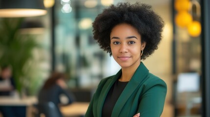 Confident Young Black Businesswoman Portrait Modern Office Background