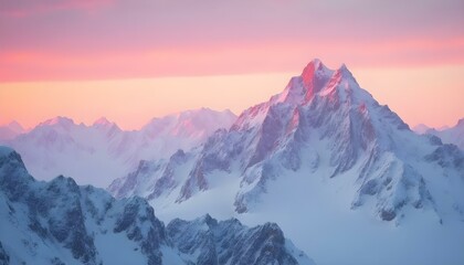 Snow-covered mountain peaks under a vibrant pink and orange sunrise sky. The soft colors cast a warm glow over the rugged, icy landscape, creating a peaceful, majestic scene