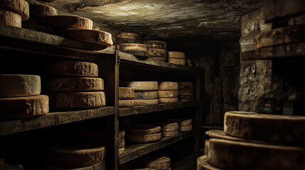 atmospheric underground cheese cellar filled with neatly organized cheese wheels