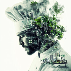A chef is depicted in a futuristic cityscape with a green tree growing out of his head. Concept of innovation and creativity, as well as the idea of using technology to improve the culinary world