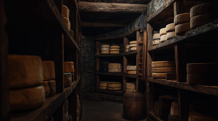 Obraz premium wooden shelves stocked with various aged cheeses in a dimly lit rustic cellar