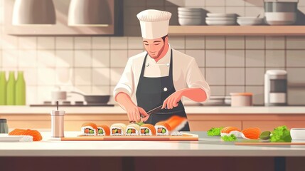 A chef preparing sushi in a professional kitchen, with fresh fish, rice, and vegetables neatly arranged, demonstrating the art of sushi-making.