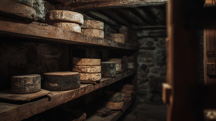 stone-walled cheese cellar with wooden racks holding numerous aged cheese varieties
