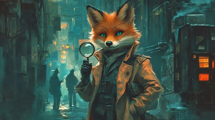 A fox detective in a trench coat holds a magnifying glass and looks at the camera with a sly smile.
