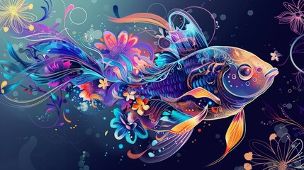 The image is an artistic and colorful illustration of a fish surrounded by various flowers and plants.