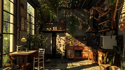 Obraz premium Rustic Kitchen Interior with Natural Light and Greenery