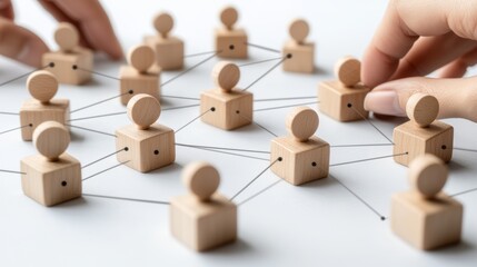 Fototapeta premium Hands connecting wooden figures with strings, representing a network of people.
