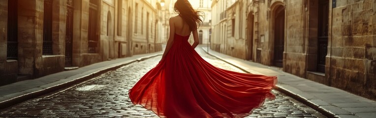 Fototapeta premium Cinematic shot of woman in red dress walking through Paris streets