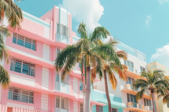 Colorful Art Deco Buildings With Palm Trees Under a Bright Blue Sky in Miami's South Beach During a Sunny Afternoon