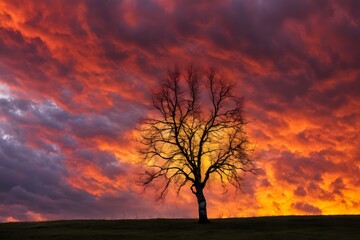 A single birch tree in silhouette set against a vivid yellow and red sky with dramatic cloud formation, Ai Generated