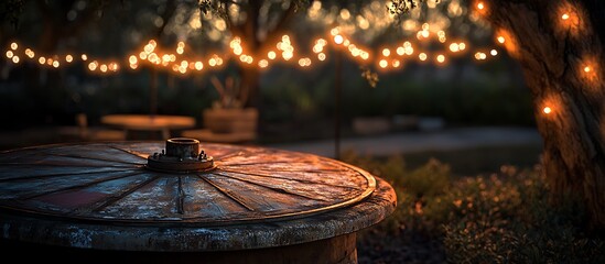 A vintage carnival spin wheel with weathered paint, softly illuminated by old-fashioned string lights in a twilight setting.