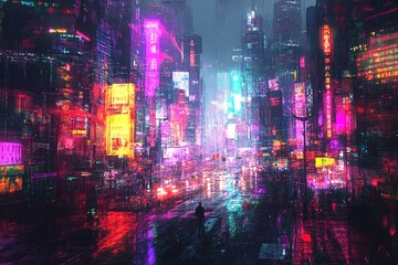 Fototapeta premium Rain-soaked neon city with vibrant colors and reflections