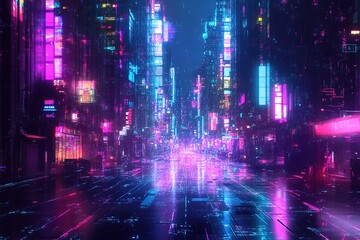 Fototapeta premium Neon-drenched cityscape in a cyberpunk style