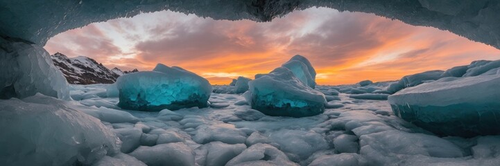 View from the inside of the ice cave with cloudy sky