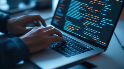 Close-up of hacker s hands typing network commands on laptop, focus on security breach testing, photorealistic