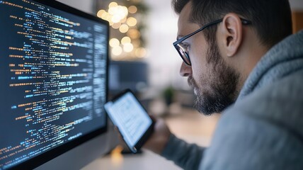 Ethical hacker with command line open, analyzing network security logs, photorealistic cyber environment