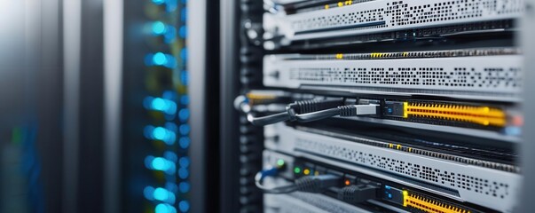 Professional in server room checking network defense layers, photorealistic focus on cybersecurity