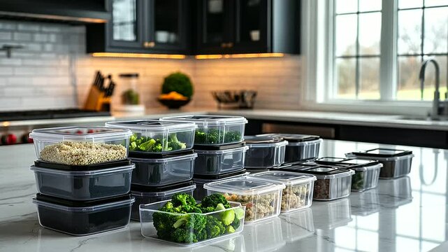 A batch of neatly stacked Tupperware containers, filled with healthy options like steamed broccoli, baked chicken, and quinoa salad, laid out on a modern kitchen island, ready for