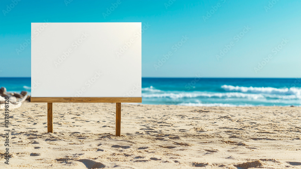 Poster blank white billboard stands on sandy beach with clear blue sky and ocean waves in background, creat