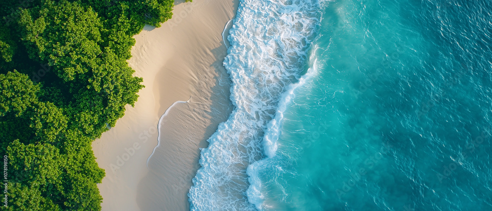 Aufkleber aerial view of serene beach with turquoise waves gently crashing onto sandy shore, bordered by lush 