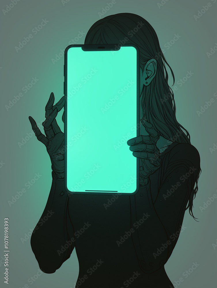 Poster person holding glowing smartphone in dimly lit environment, creating mysterious and futuristic atmos