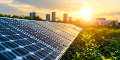 Fototapeta premium Solar panels in lush green cityscape harness renewable energy as sun sets, symbolizing sustainable urban living