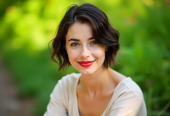 Fototapeta premium Portrait of a young girl with short hair and red lips