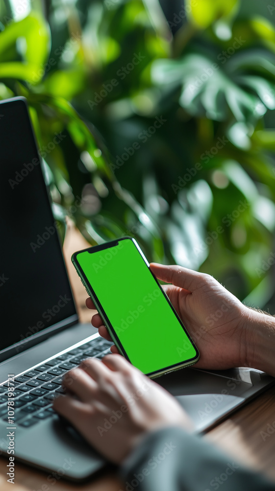Poster person is using smartphone with green screen while working on laptop, surrounded by lush green plant