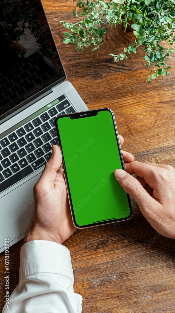 Poster person is using smartphone with green screen next to laptop on wooden desk, creating workspace atmos