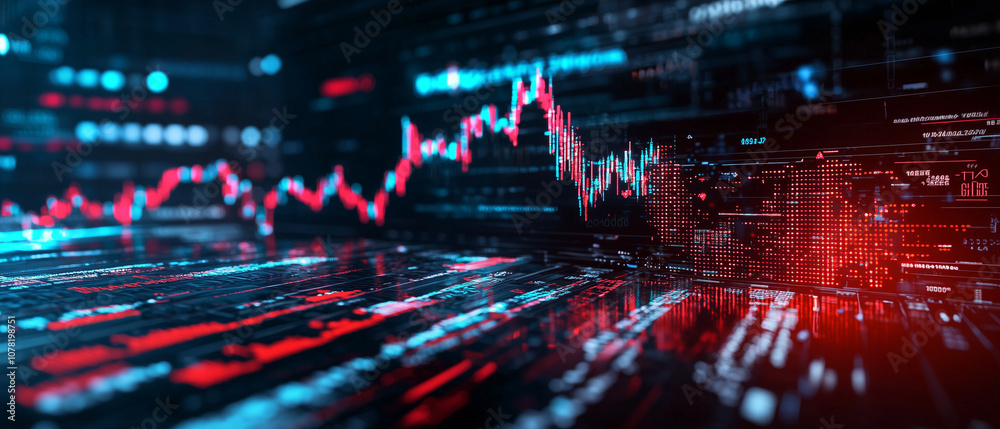 Poster dynamic digital market scene with fluctuating graphs and data, illustrating bearish and bullish tren