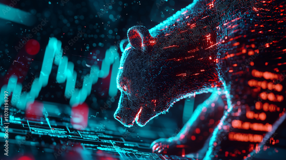 Poster digital bear stands against backdrop of fluctuating stock market graphs, symbolizing challenging investment landscape. scene is illuminated with vibrant red and blue lights, creating dynamic and