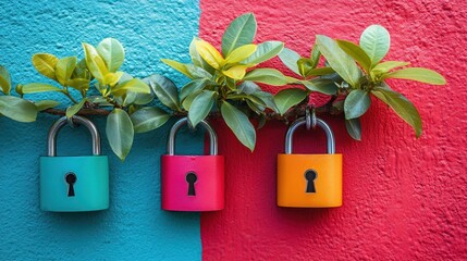 Colorful locks and a plant representing security