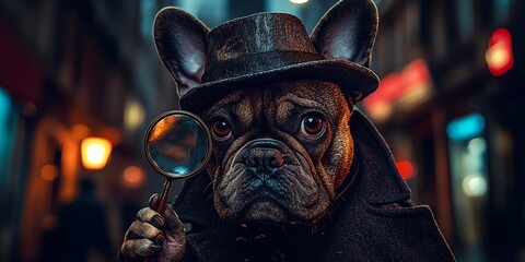 A French Bulldog wearing a fedora and holding a magnifying glass looks intently at the camera.