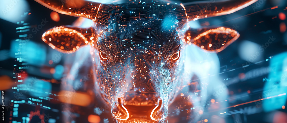 Poster digital bull with glowing circuits charges through vibrant trading floor, symbolizing energy and int