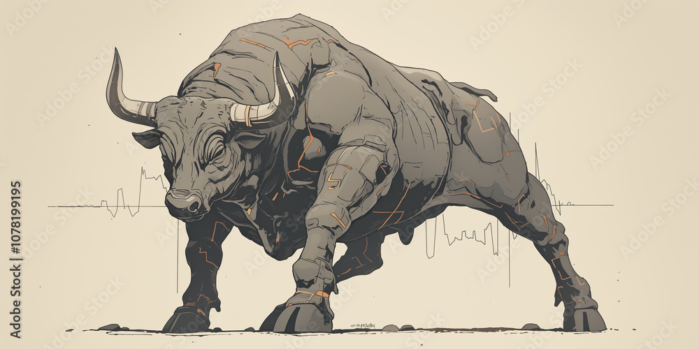 Poster powerful bull stands with trading charts in background, symbolizing financial strength and market tr