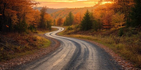 Obraz premium Winding road sunset: scenic path leading through hills toward bright horizon