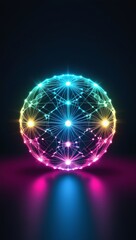 A glowing spherical network structure with interconnected nodes, radiating blue and pink neon lights against a dark background